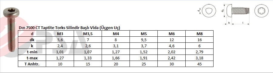 Dın 7500 CT Taptite Torks Silindir Başlı Vida (Üçgen Uç)