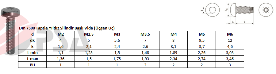 Dın 7500 Taptie Yıldız Silindir Başlı Vida (Üçgen Uç)