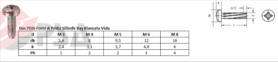 Dın 7516 Form A Yıldız Silindir Baş Klavuzlu Vida
