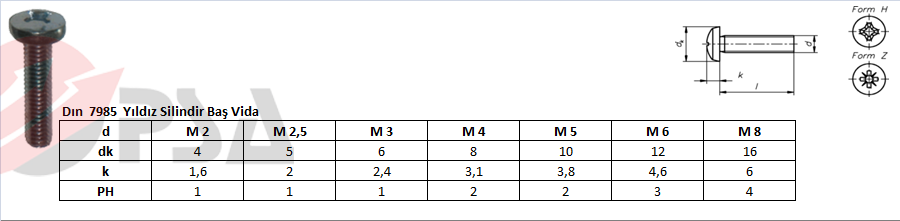 Dın 7985 Yıldız Silindir Baş Vida