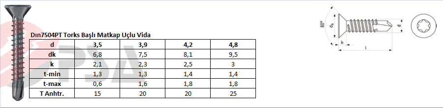 Dın7504PT Torks Başlı Matkap Uçlu Vida