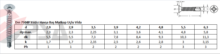Dın 7504P Yıldız Havşa Baş Matkap Uçlu Vida