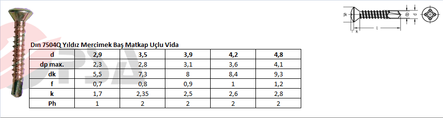 Dın 7504Q Yıldız Mercimek Baş Matkap Uçlu Vida