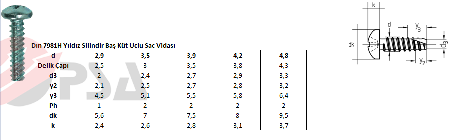 Dın 7981H Yıldız Silindir Baş Küt Uclu Sac Vidası