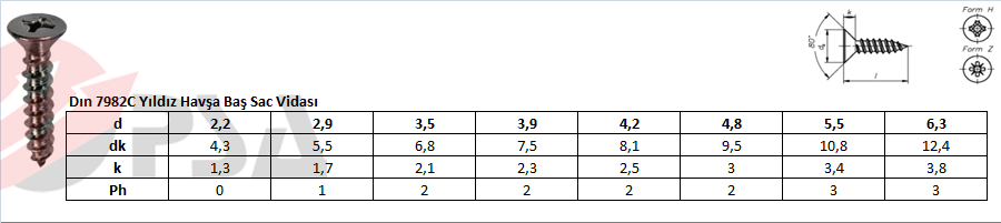 Dın 7982C Yıldız Havşa Baş Sac Vidası