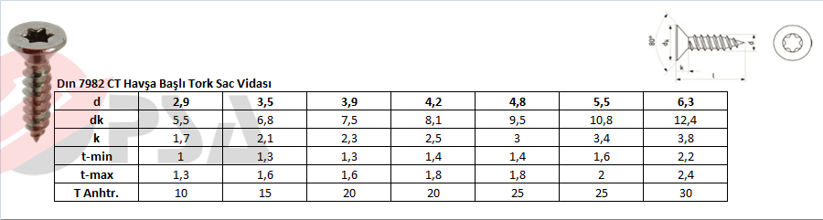 Dın 7982 CT Havşa Başlı Tork Sac Vidası