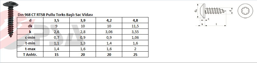 Dın 968 CT RTSB Pullu Torks Başlı Sac Vidası