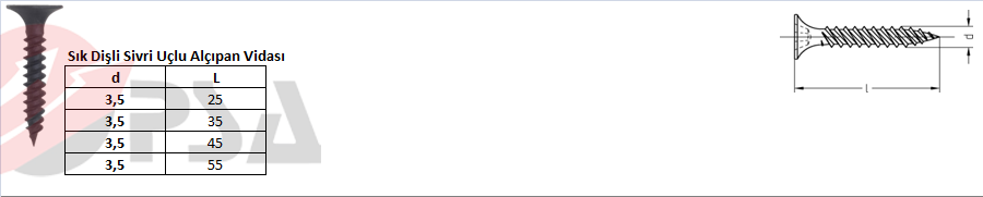 Sık Dişli Sivri Uçlu Alçıpan Vidası 