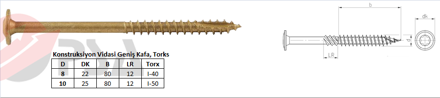 Konstruksiyon Vidasi Geniş Kafa, Torks