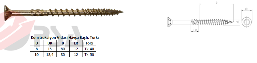 Konstruksiyon Vidasi Havşa Başlı, Torks