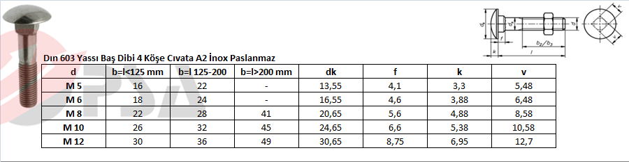 Dın 603 Yassı Baş Dibi 4 Köşe Cıvata A2 İnox Paslanmaz