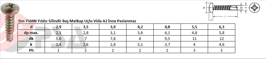 Dın 7504N Yıldız Silindir Baş Matkap Uçlu Vida A2 İnox Paslanmaz