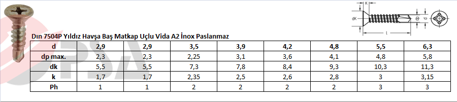 Dın 7504P Yıldız Havşa Baş Matkap Uçlu Vida A2 İnox Paslanmaz