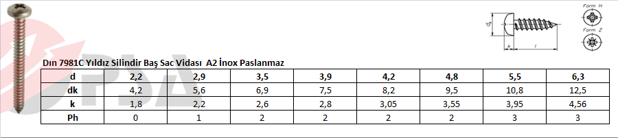 Dın 7981C Yıldız Silindir Baş Sac Vidası A2 İnox Paslanmaz