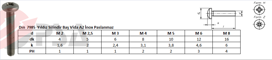 Dın 7985 Yıldız Silindir Baş Vida A2 İnox Paslanmaz