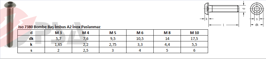 Iso 7380 Bombe Baş İmbus A2 İnox Paslanmaz
