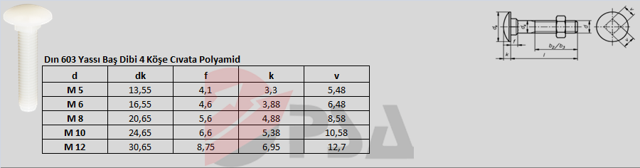Dın 603 Yassı Baş Dibi 4 Köşe Cıvata Polyamid